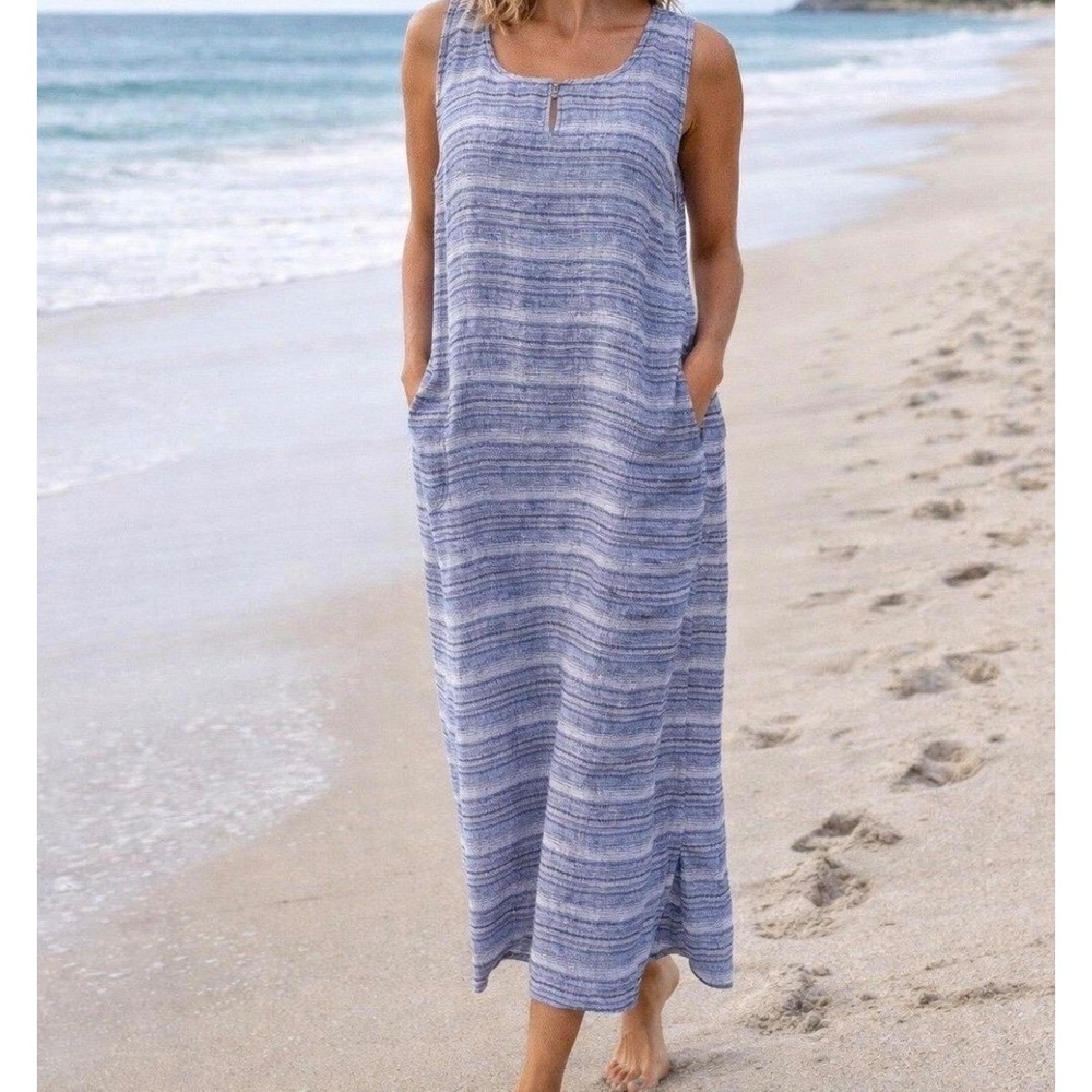 Pure Jill Linen Dress S Sleeveless Midi Pockets Summer Beach Coastal Lagenlook